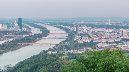 Skyline of Vienna from Danube Viewpoint Leopoldsberg aerial timelapse.