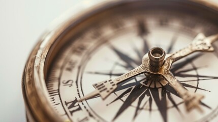 Closeup of a compass needle spinning erratically, isolated against a plain white background with ample copy space, symbolizing disorientation and magnetic reversal