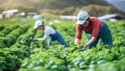 Green salad harvesting moment. Two workers in the field collecting healthy broccoli plants. Agriculture industry and local small business concept image