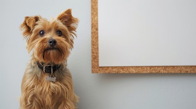 Closeup of a Lost Pet flyer on a bulletin board, isolated against a clean white surface, ample copy space around, emphasizing the search for a missing companion