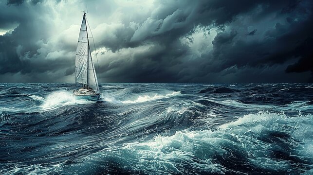 Lone yacht navigating through stormy seas, metaphor for resilient investment strategy amidst market turbulence