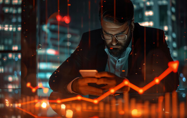 Businessman Using Smartphone in Ambient Lit Office