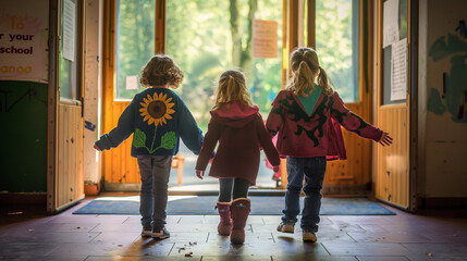 Young Students Walking Through School Hallway with Nature View. Generative AI