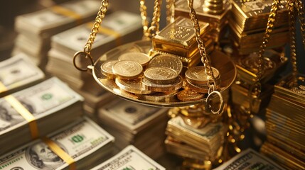 Market Valuation, a scale weighs gold against stacks of currency