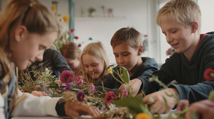 Young Girls Engaged in a Floral Art Class, Creating Flower Arrangements. Generative AI