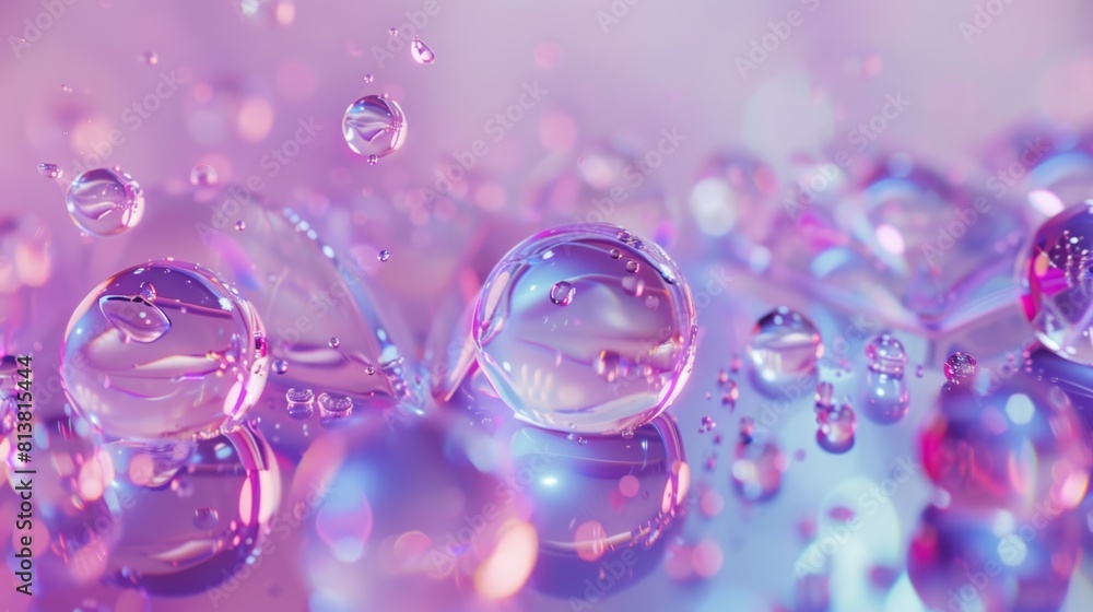 Poster A captivating 3D animation of cosmetic atoms morphing into mesmerizing patterns and shapes as they interact within a water droplet.