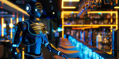 robot technology as waiter in modern restaurant.