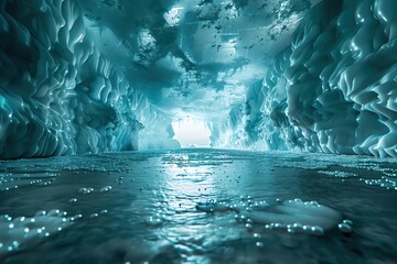 Iceberg interior with trapped bubbles and refracted light front view revealing frozen secrets cybernetic tone Complementary Color Scheme