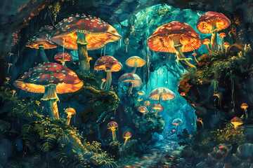 Giant Magical Cave Mushrooms.  Generated Image.  A digital illustration of a large, eerie cave with giant magical mushrooms.
