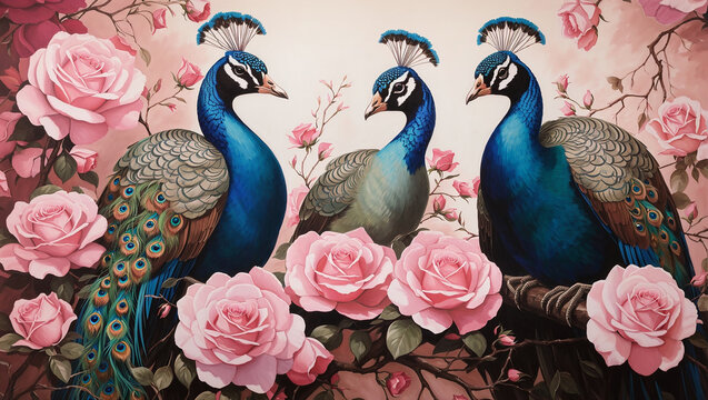 A painting of two peafowl standing in front of a pink rose bush.

