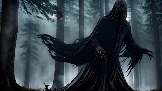 Dark Ghost Creature in Haunted Forest 4K Loop features an A.I. Generated video of a dark creature with tattered robes flapping in the wind in a dark fog filled forest in a loop.