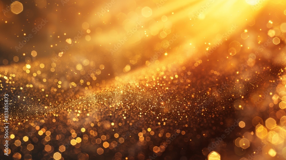 Poster a captivating close-up of golden particles and stardust illuminated by a warm, ethereal glow, remini