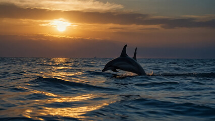 Beautiful dolphin jumping from shining water . Dolphins jumping . landscape at sunset .
