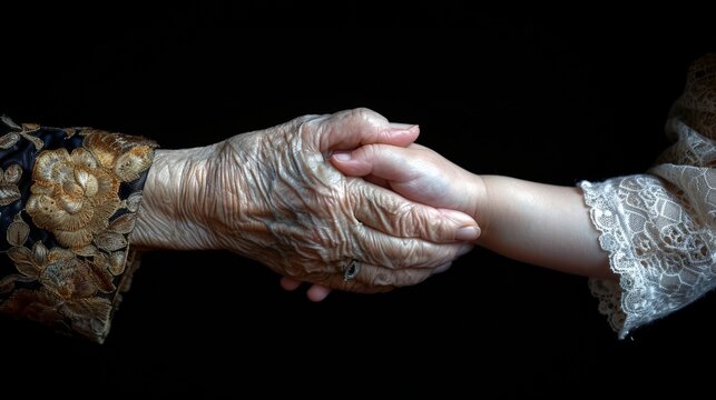 Touching Moment of Generational Connection as Elderly Hand Holds Young Child's Hand, Symbolizing Love, Heritage, and the Passage of Time