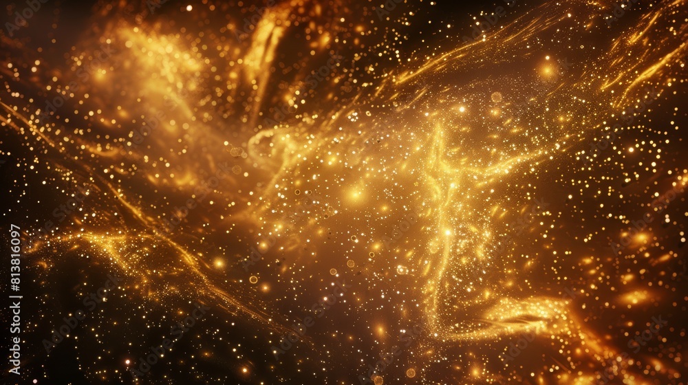 Poster A captivating image of golden particles and stardust forming intricate patterns and shapes, reminiscent of celestial constellations.