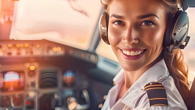 smiling woman in a pilot uniform, posing in the cockpit of an airplane