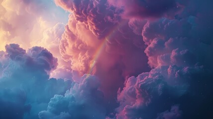 A close-up of storm clouds with a rainbow emerging from behind them, representing the promise of peace after the storm.