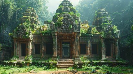 Ancient Stone Temple Overgrown with Lush Greenery in a Dense Jungle Setting Reflecting Nature's Reclamation of Abandoned Structures