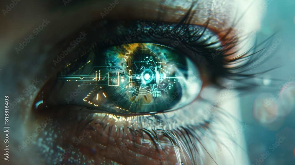 Poster A close-up photo of a cybernetic eye with a holographic display projecting a virtual interface, highlighting the seamless integration of technology into human vision.