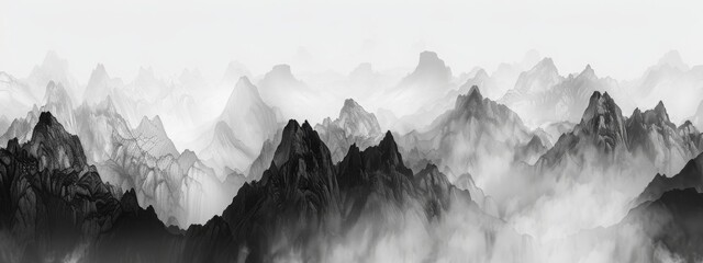 A panoramic view of a mountain range enshrouded in fog, captured in black and white. - Powered by Adobe
