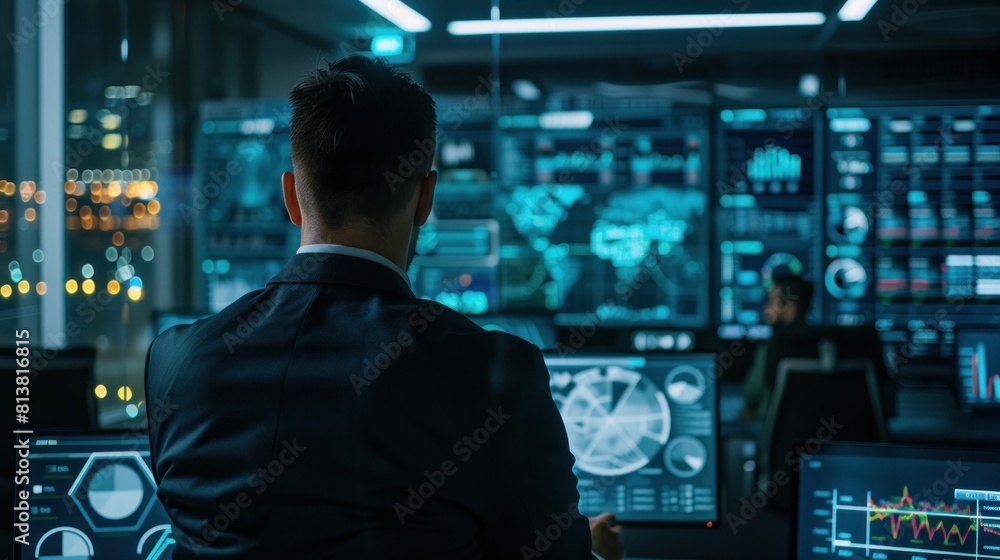 Poster businessman in suit analyzing data on multiple computer screens in office environment