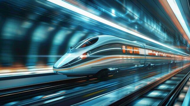 A futuristic double exposure artwork featuring a sleek bullet train traversing a hyperloop tunnel, its speed blurring the lines between reality and imagination.