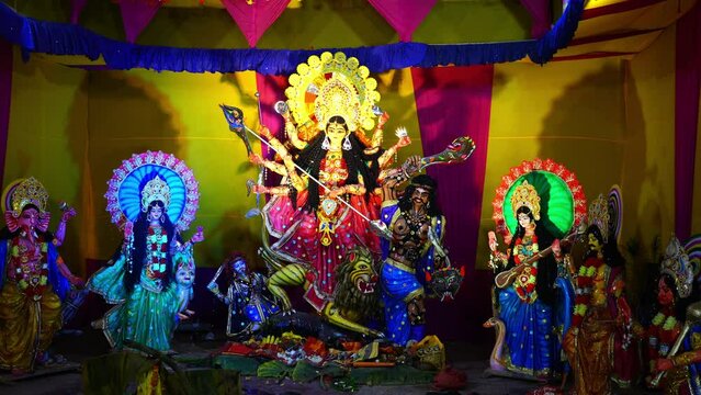 illuminated sculptures of goddess durga and other gods