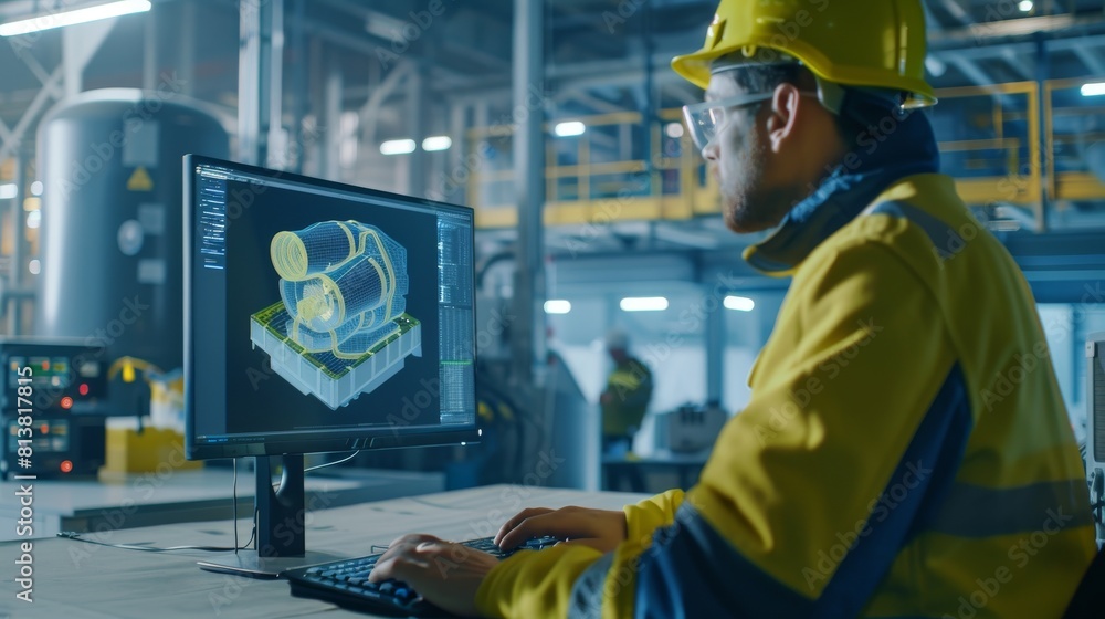 Poster heavy industry engineer using computer, cad software shows 3d model of zero-emissions engine. indust