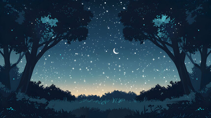 Enchanting Forest Canopy Silhouetted Against Starry Sky   Flat Design Backdrop Illustration