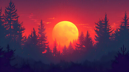 Flat Design Backdrop: Forest Edge Sunset   The sun sets at the edge of a vast forest, lighting up treetops and casting long shadows. Flat illustration concept.