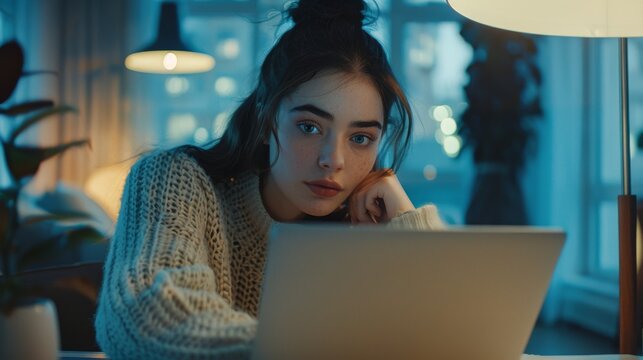 A young, beautiful and creative woman sits at her desk, using a laptop computer. In the background, a bright office is filled with a diverse team of young professionals.