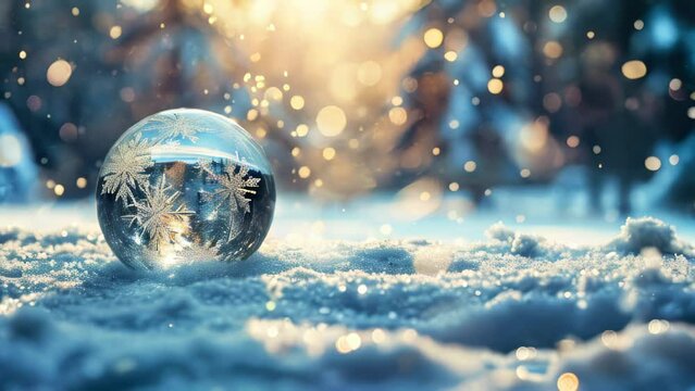 A beautiful glass ball with snowflakes lies in the snow in the forest, banner, copy space