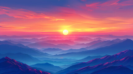 High Altitude Sunset: A Unique Perspective on Sprawling Landscapes Below   Flat Design Illustration