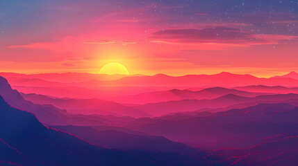 A sunset viewed from high altitude offers a unique perspective on the sprawling landscapes below. Flat design backdrop: High Altitude Sunset concept