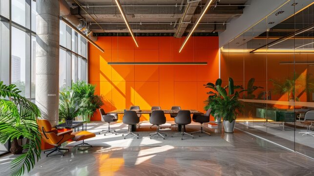 Design a modern office space with a large conference room. The room should have a large orange accent wall and plants throughout. The space should be bright and inviting.