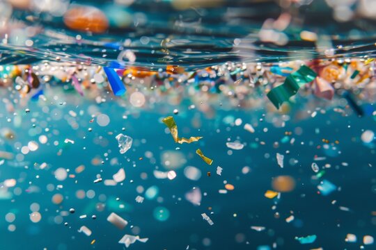 Bright microplastic particles in ocean water, concept of pollution in nature