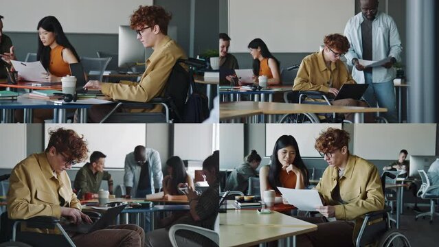 Split screen video of young gen Z businessman in wheelchair using laptop and discussing document with colleague while working in office of inclusive company