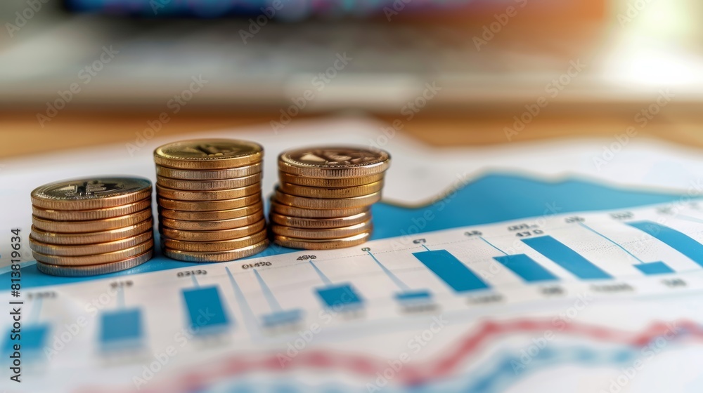 Poster a stack of coins merging with a graph showing upward growth, depicting financial progress and invest