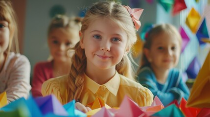 Cute Little Blond Girl Folds Beautiful Origami in Her Elementary School Arts & Crafts Class: She Enjoys Working with Her Classmates on the Handicraft Assignment.