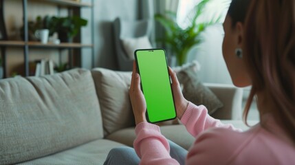 A young woman uses a mock-up screen smartphone while sitting on a couch in her cozy living room. View from above. - Powered by Adobe