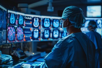A doctor is looking at a computer monitor with several images of the brain
