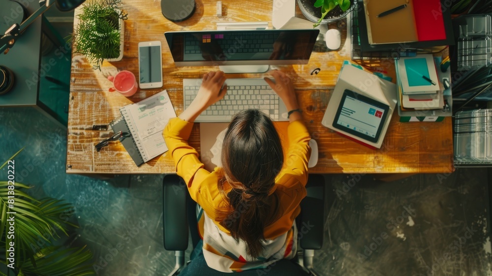 Aufkleber picture of a female office worker using a desktop computer, a project manager stands beside and offe