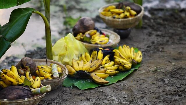 chhath puja slow motion video of incense sticks on worship fruits material