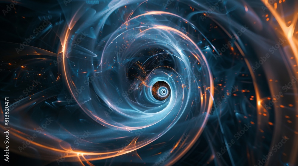 Poster a dynamic spiral pattern created by interlocking blue and orange lights.