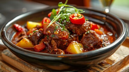 Fototapeta premium Dishes of American cuisine. Spicy pork stew with a wig, chili peppers and potatoes. 
