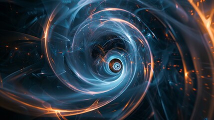 A dynamic spiral pattern created by interlocking blue and orange lights.