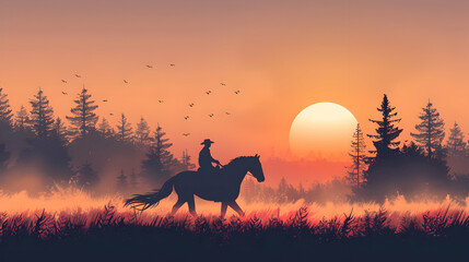 Misty Morning Horse Ride: A Captivating Flat Design Backdrop Illustrating the Spirit of Freedom and Early Rides with Horse and Rider Emerging from the Morning Mist