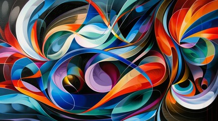 Vibrant swirls and curves interlace in a dynamic abstract art piece with a rich color palette.