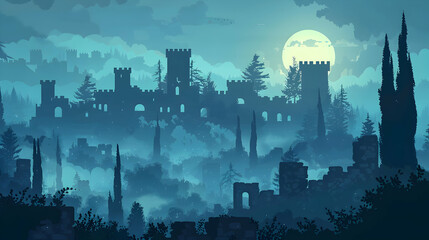 Morning Mist Enveloping a Historical Site: Adding a Layer of Mystique to Ancient Walls and Stories   Flat Design Backdrop