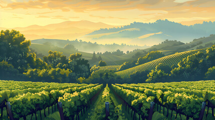 Morning Mist Over Vineyards: The Enchanting Beauty of Wine Country captured in Flat Design Backdrop